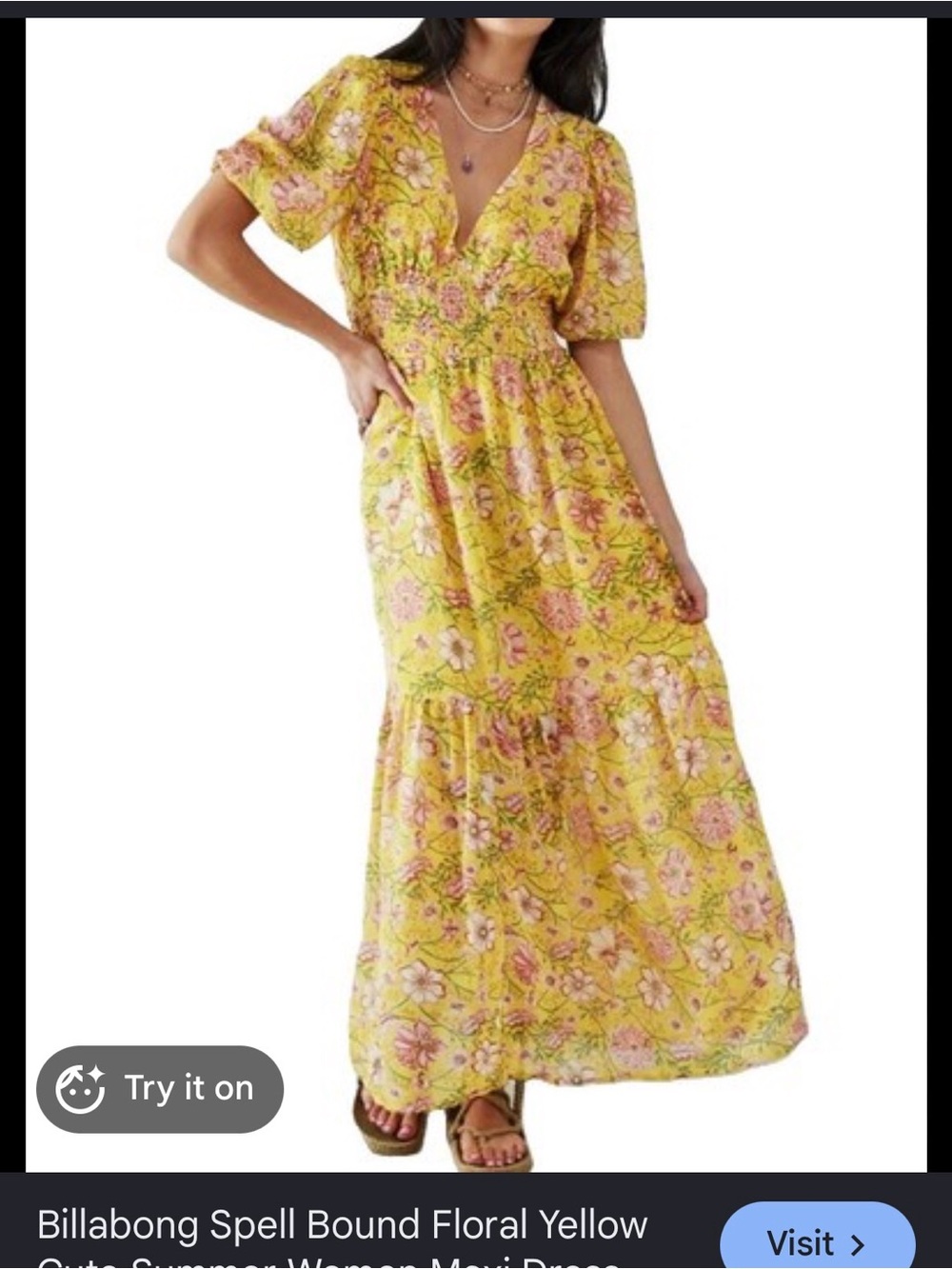 Billabong Yellow Floral V‑Neck Maxi Dress